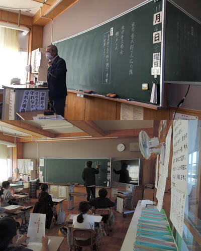 竹島元小校長でもあった中平会長が音次郎との出会いを語る／音次郎会からの資料を見る子供たち