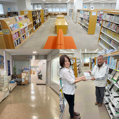 上：四万十市立図書館の全体写真、下・左：図書館入り口、下・右：本を手渡す中平会長と受け取る図書館職員（女性）