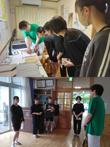 写真上：音次郎史料室で著名人たちが音次郎の福祉事業を支えた説明に耳を傾ける中学生。写真下：若草園の施設説明を聞く中学生と引率の大人。